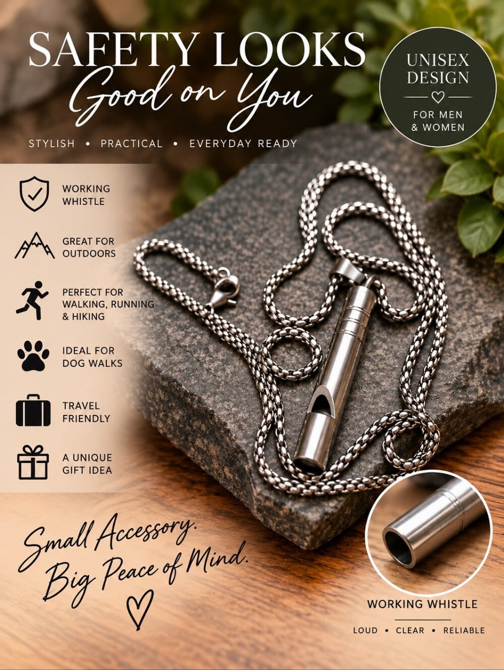 Source Unknown Silver Stainless Steel Whistle Necklace